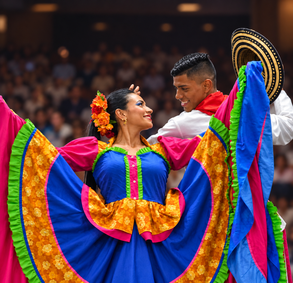 Pareja de bailarines en traje típico: ella extiende su falda de colores y él agita un sombrero vueltiao.