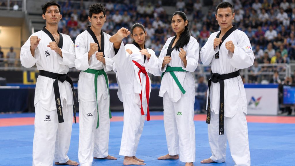 Equipo de taekwondo de la UTS en posición de guardia sobre el tatami, con dobok y cinturones de colores.
