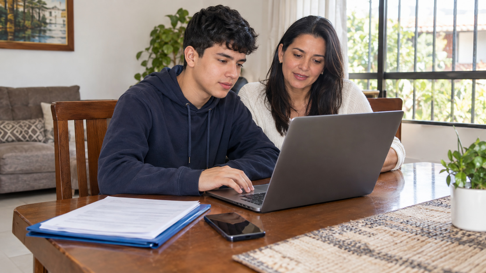 Un joven y su mamá diligencian la inscripción en un computador portátil, en la mesa del comedor de su casa.
