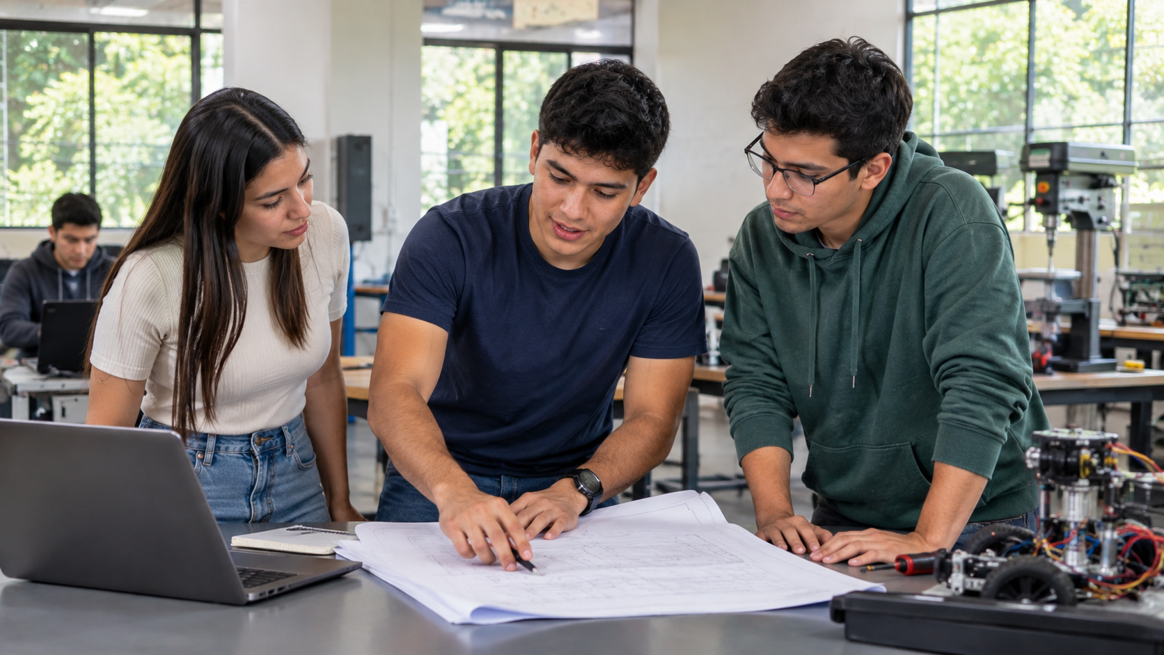 Tres estudiantes revisan planos junto a un equipo electrónico en un laboratorio técnico.